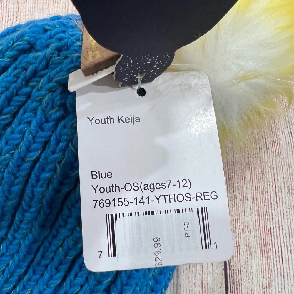 Turtle Fur Youth Keija Blue Chunky Knit Fleece Lined Pom Beanie Hat NWT 7-12Y